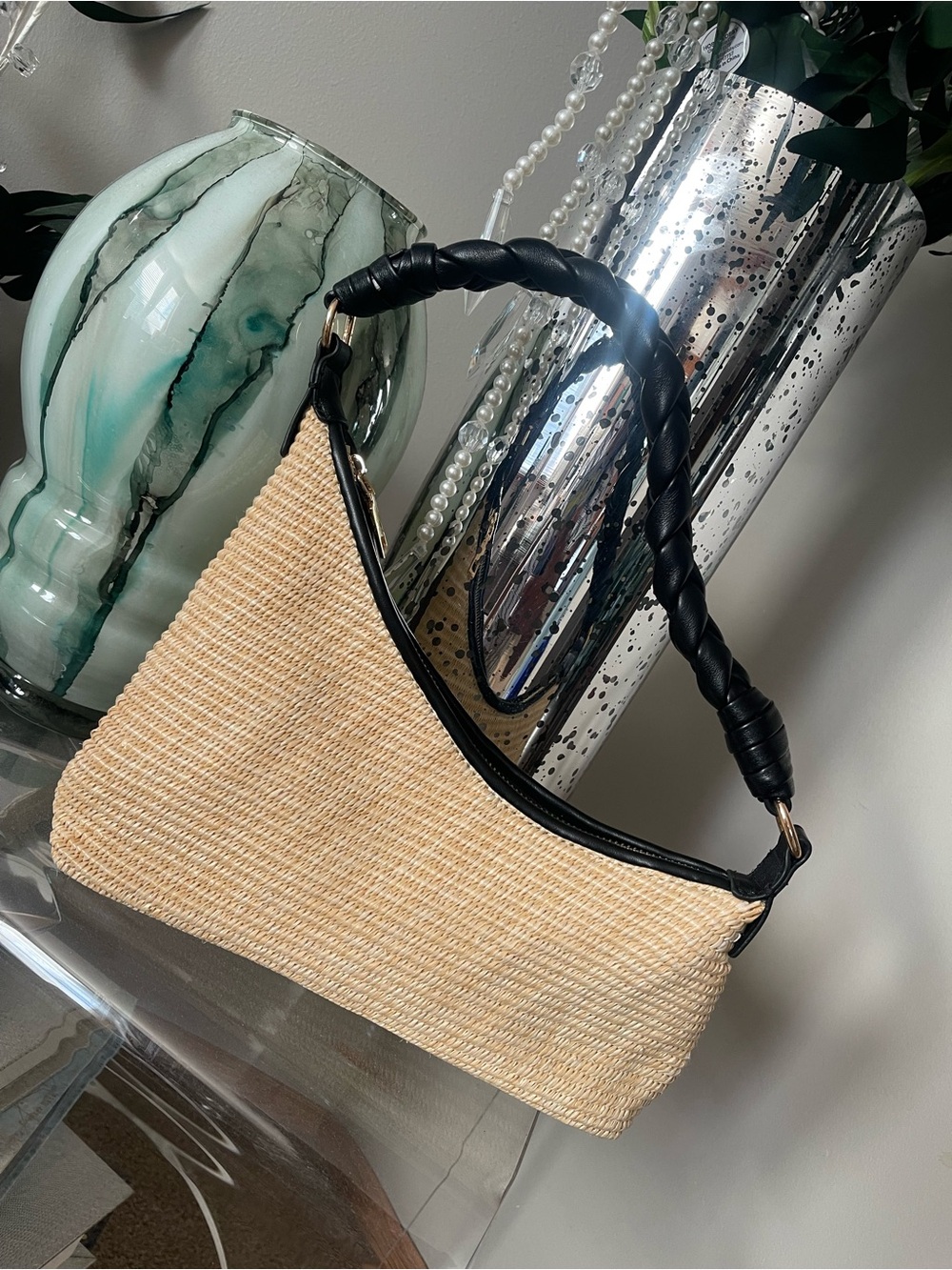 Urban Expressions Beige Straw Shoulder Bag with Black Braided Handle